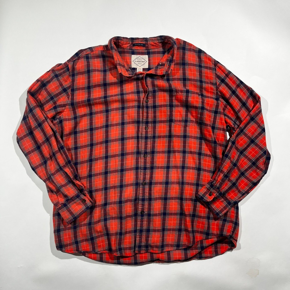 St Johns Bay Mens XXL Red Plaid Flannel Shirt Long Sleeve Cotton Classic Fit